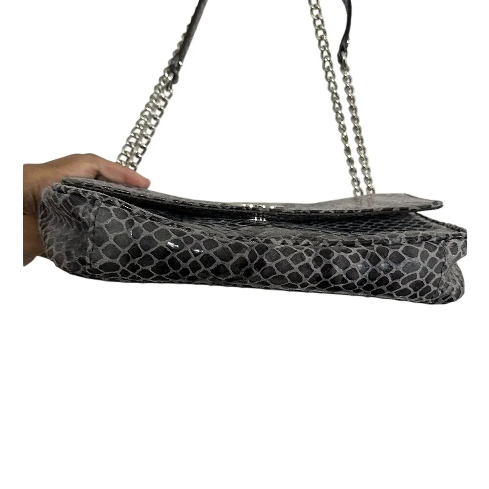 Michael Kors Grey Snakeskin‎ Embossed Shoulder Bag Silver MK Logo Chain Strap